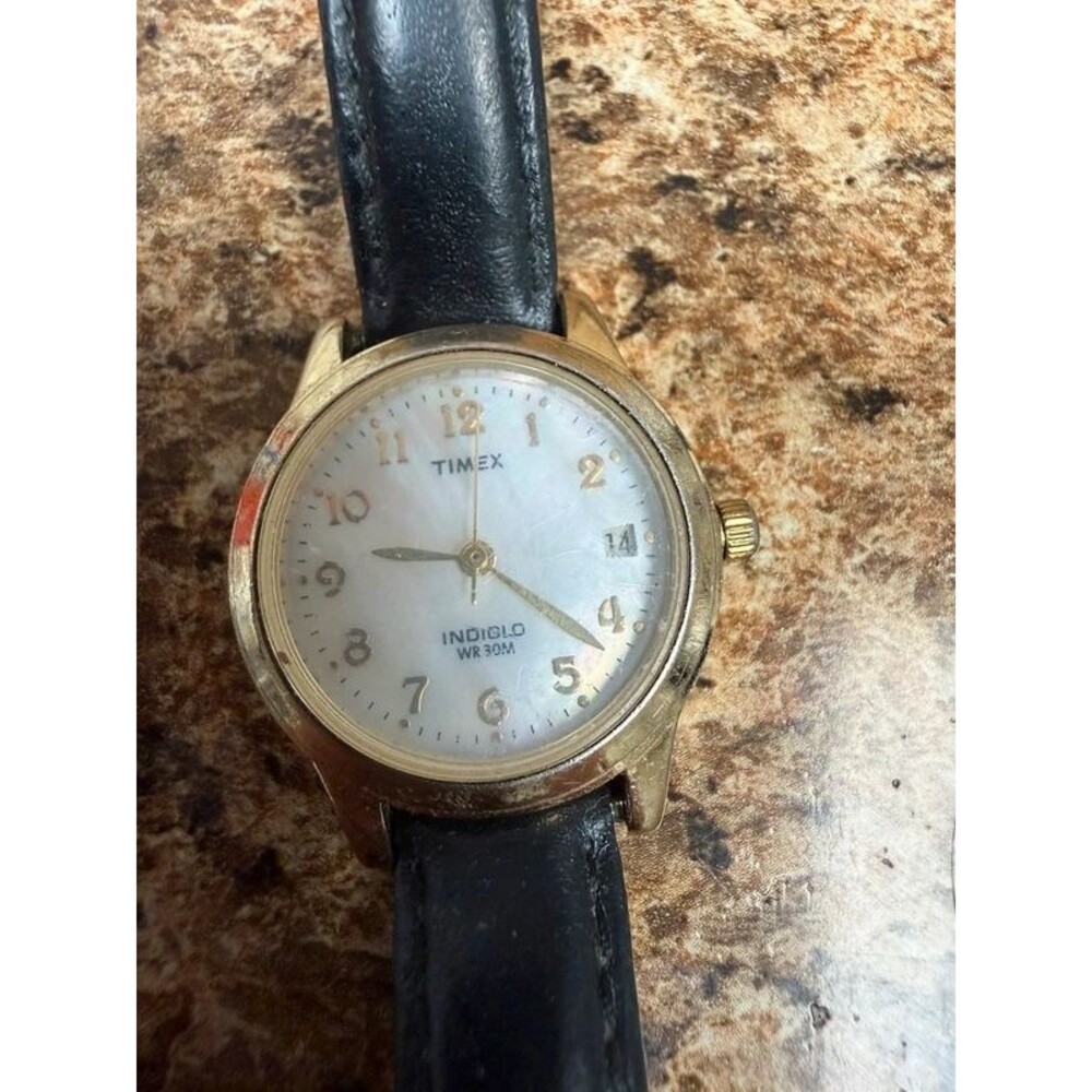 Timex Indiglo Women’s Gold Tone Watch White Dial Date WR30M Black Leather Strap